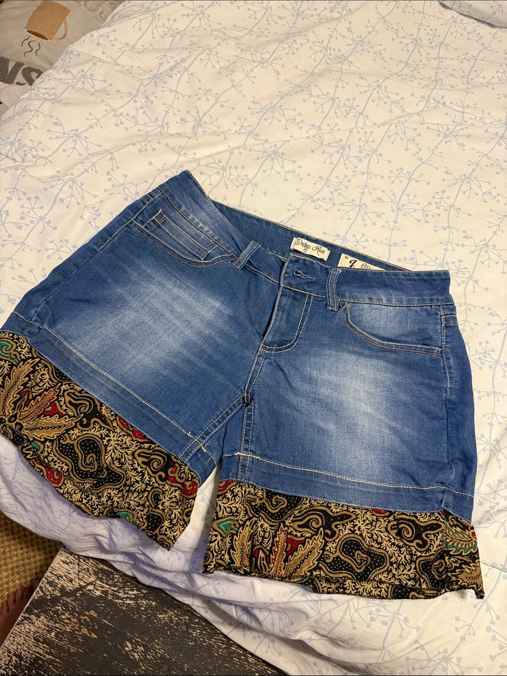 Indigo Rein Blue Denim Shorts with Patterned Hem